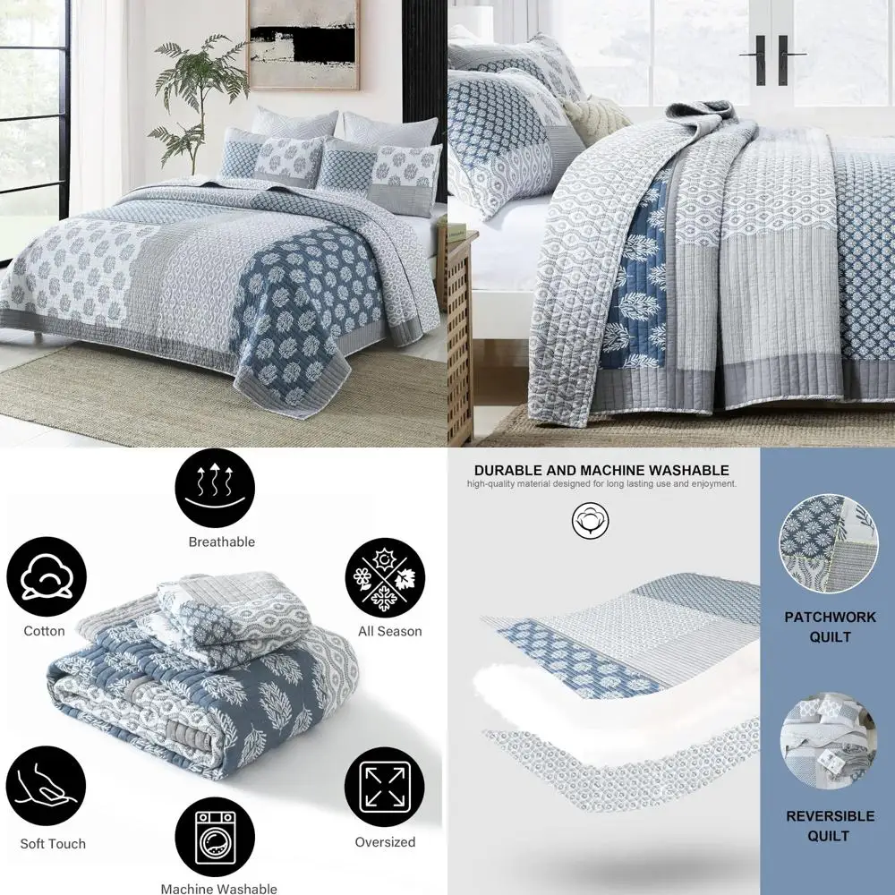 King Size Cotton Quilt Set with Patchwork Floral Design, Reversible Bedspread for King Bed in Blue and Green
King Size Cotton Quilt Set with Patchwork Floral Design, Reversible Bedspread for King Bed in Blue and Green
