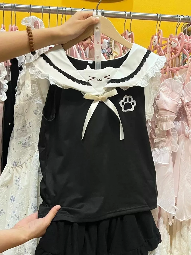 Японские топы Kawaii с принтом сладкого кота, женские топы с кружевным бантом в стиле пэчворк, модная тонкая блузка, новый дизайн, милая футболка без рукавов с темно-синим воротником
Японские топы Kawaii с принтом сладкого кота, женские топы с кружевным бантом в стиле пэчворк, модная тонкая блузка, новый дизайн, милая футболка без рукавов с темно-синим воротником