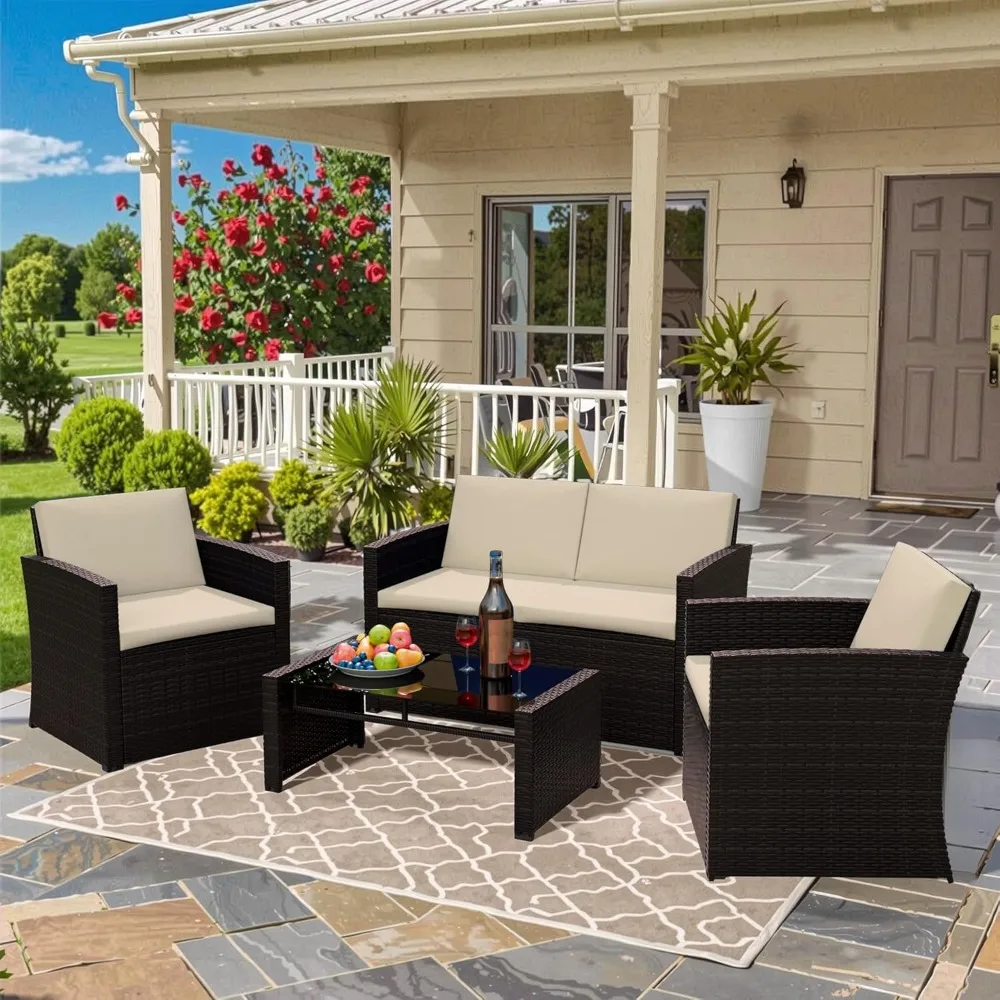 4 Pieces Patio Furniture Set, Outdoor All Weather PE Rattan Wicker Conversation Set with Glass Top Table, 2 Armchair, 1 Loveseat
4 Pieces Patio Furniture Set, Outdoor All Weather PE Rattan Wicker Conversation Set with Glass Top Table, 2 Armchair, 1 Loveseat