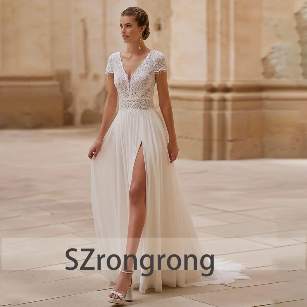 Customized V-neck Lace Bohemaid Wedding Party Dress Chiffon Illusion Back Floor Length Side Spliy A-line Bridal Gown with Train
Customized V-neck Lace Bohemaid Wedding Party Dress Chiffon Illusion Back Floor Length Side Spliy A-line Bridal Gown with Train
