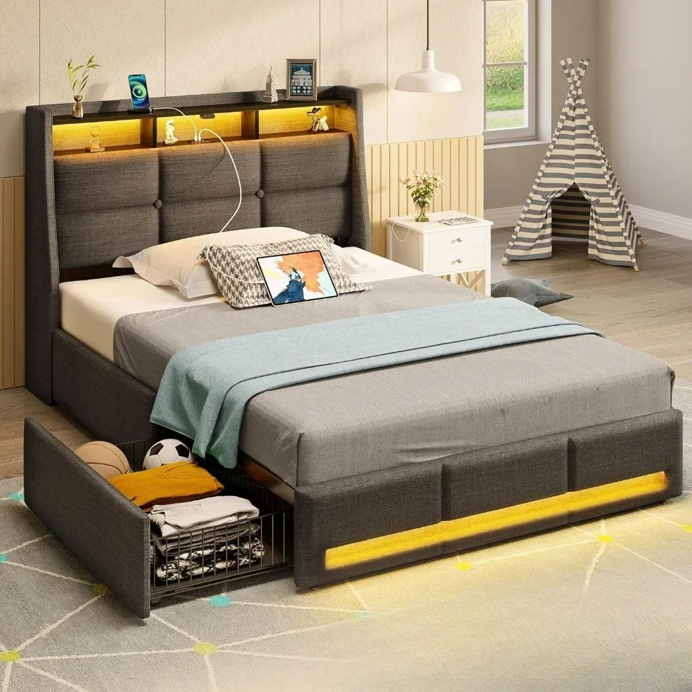 Twin Size Bed Frame with LED Lights and Charging Station, Upholstered Bed Storage Headboard & Drawers, Bed Frame
Twin Size Bed Frame with LED Lights and Charging Station, Upholstered Bed Storage Headboard & Drawers, Bed Frame