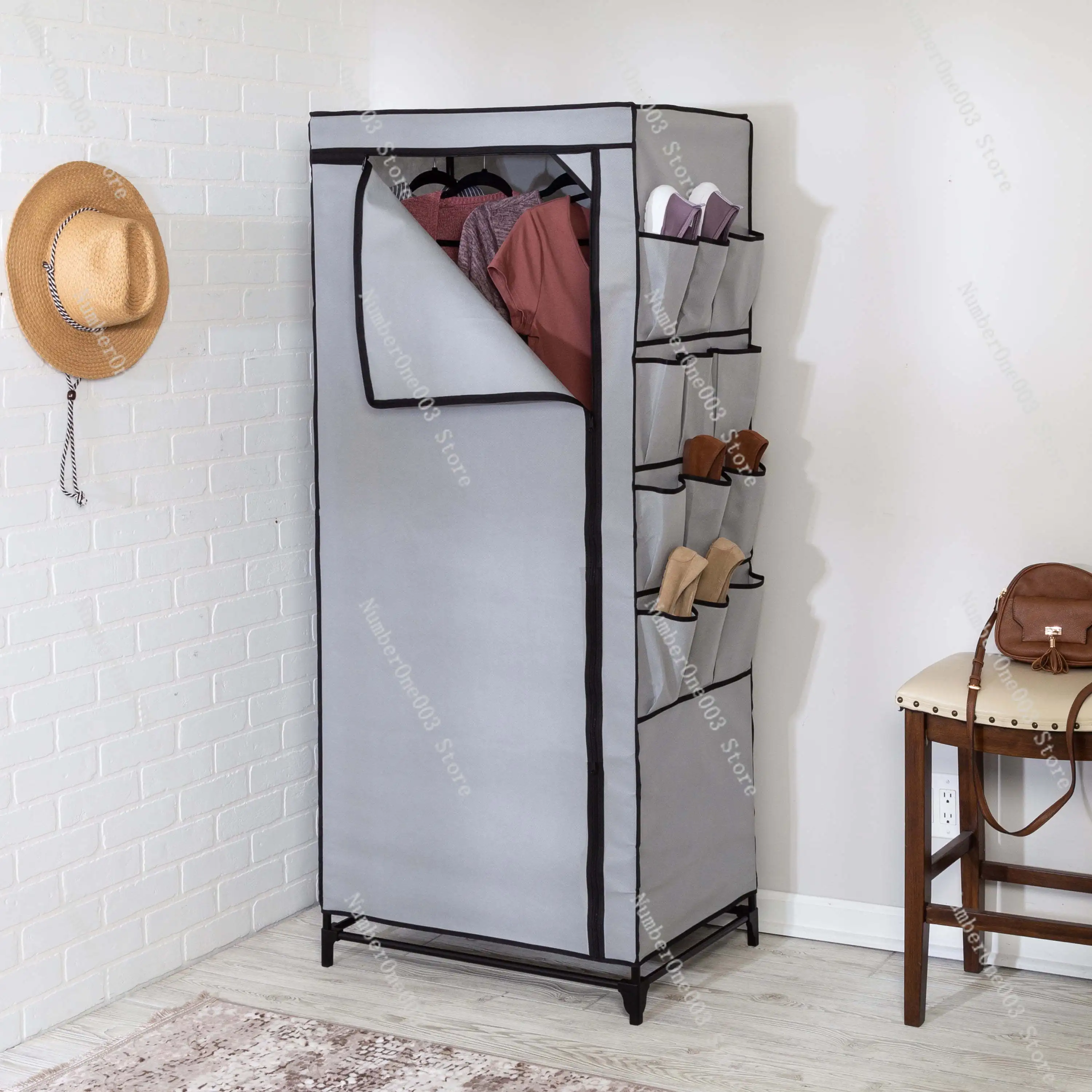 27.17" W Steel and Non-Woven Portable Wardrobe with Cover and 12 Side Pockets, Gray/Black
27.17" W Steel and Non-Woven Portable Wardrobe with Cover and 12 Side Pockets, Gray/Black