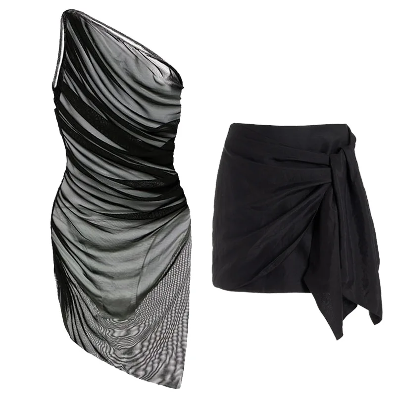 2025 One Shoulder Sexy Women's Swimsuit New Black Mesh One-piece Swimwear with Wrapped Skirt Two-piece Set Beachwear Bodysuit
2025 One Shoulder Sexy Women's Swimsuit New Black Mesh One-piece Swimwear with Wrapped Skirt Two-piece Set Beachwear Bodysuit