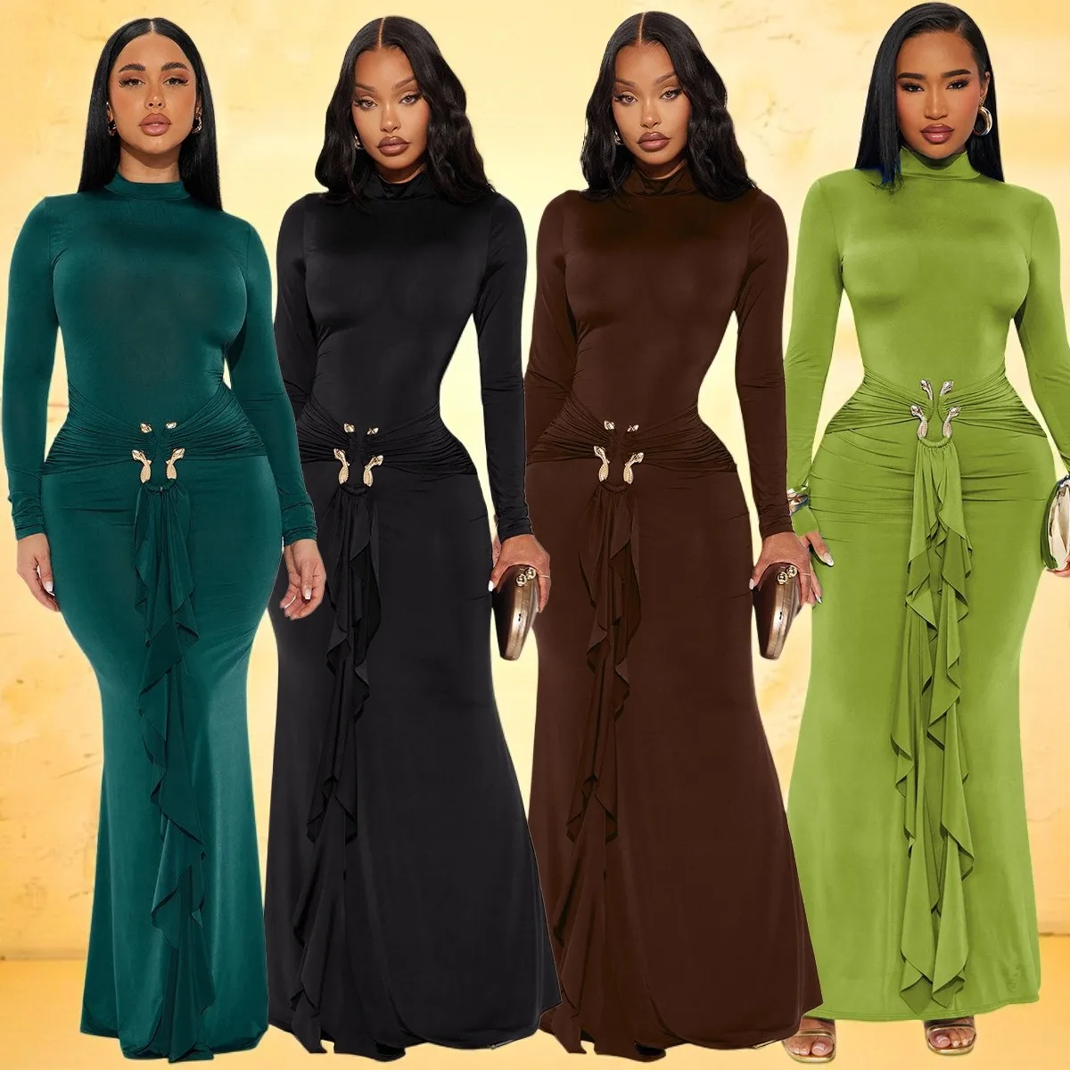 Zy6306 High-neck Long-sleeve Slim-fit Dress With Metallic Ribbon At The Waist, Ruched Elegant Gown Bandage Prom
Zy6306 High-neck Long-sleeve Slim-fit Dress With Metallic Ribbon At The Waist, Ruched Elegant Gown Bandage Prom