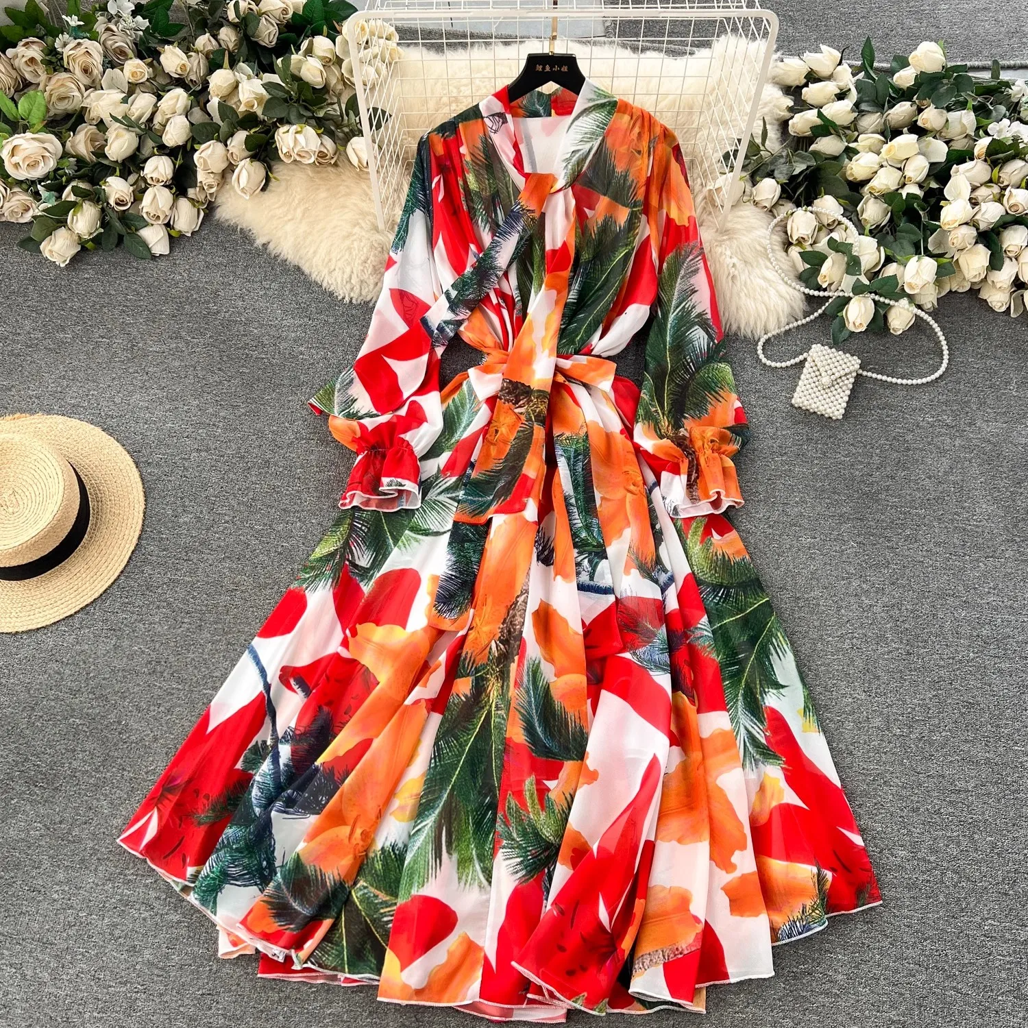 2024 New Elegant Women V Neck Bow Lace Up Chiffon Dress Spring Gorgeous Flower Print Flare Sleeve Belt Holiday Long Vestidos
2024 New Elegant Women V Neck Bow Lace Up Chiffon Dress Spring Gorgeous Flower Print Flare Sleeve Belt Holiday Long Vestidos