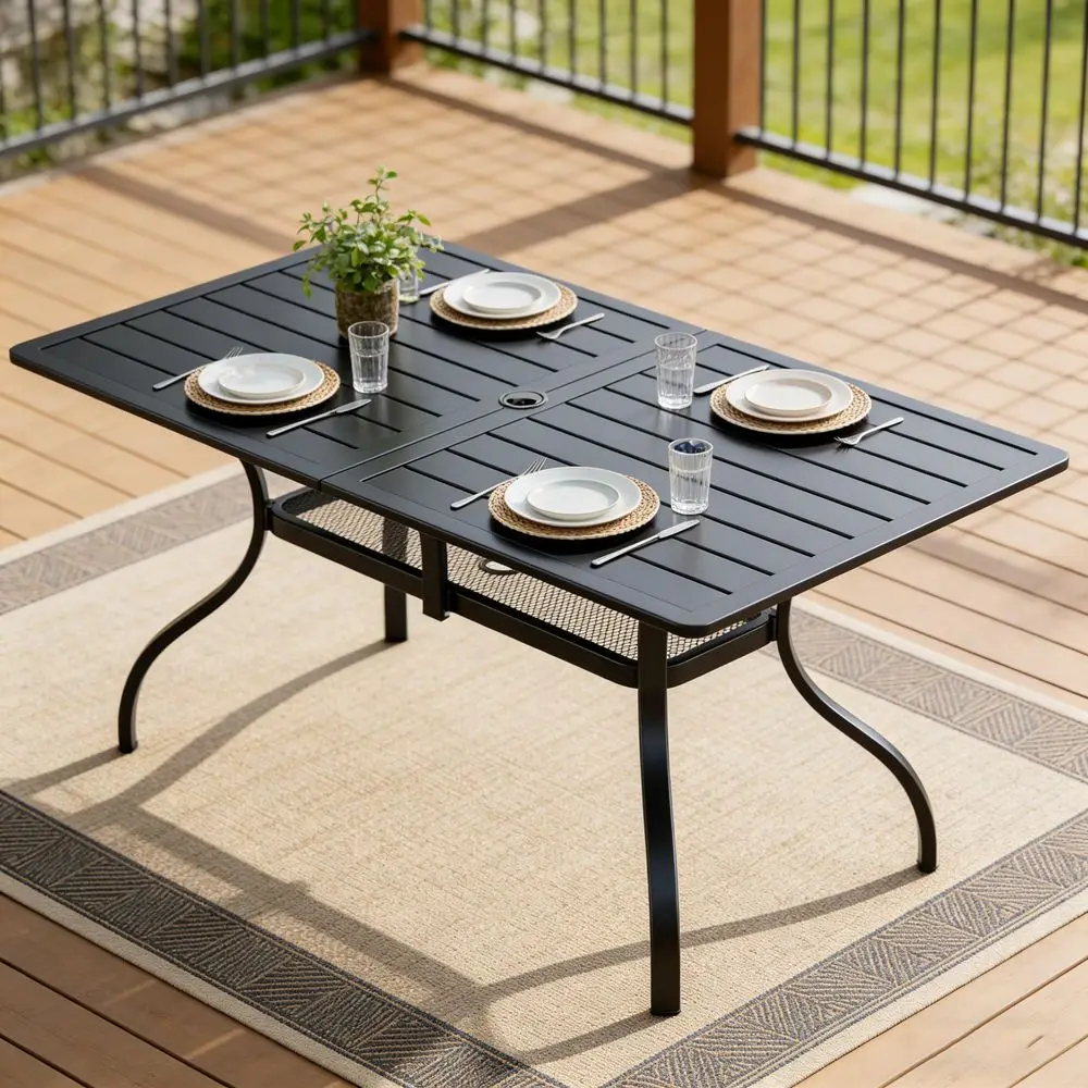 60x37 Black Patio Outdoor Dining Table Metal Steel Slat Rectangular Bistro Table for Porch Deck Garden Backyard Poolside, 1.57
60x37 Black Patio Outdoor Dining Table Metal Steel Slat Rectangular Bistro Table for Porch Deck Garden Backyard Poolside, 1.57