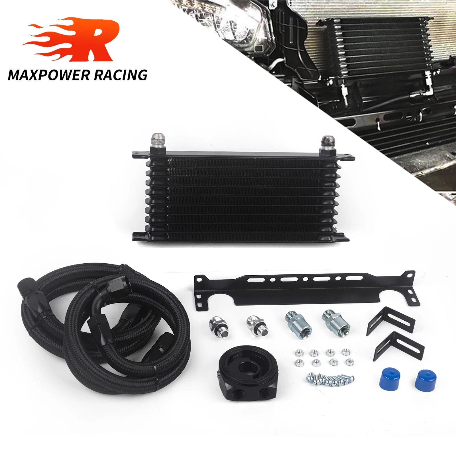 AN10 Black T-MODEL 10 Rows Oil Cooler Kit+Black/Silver Oil Filter Sandwich Adapter+Nylon Steel Braided Hose+Mounting Bracket 
AN10 Black T-MODEL 10 Rows Oil Cooler Kit+Black/Silver Oil Filter Sandwich Adapter+Nylon Steel Braided Hose+Mounting Bracket