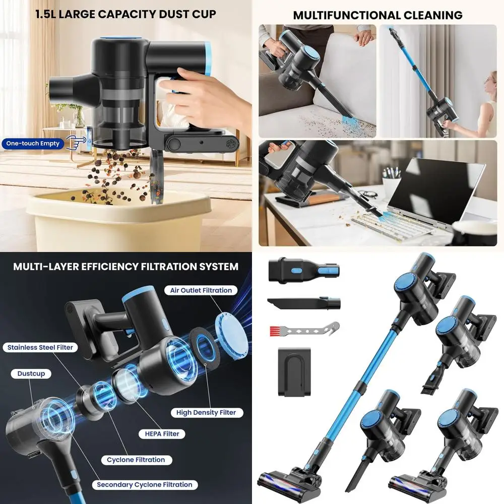 44kPa 55-Minute Cordless Stick Vacuum Cleaner with 1.5L Dustbin for Hard Floors, Carpets, and Pet Hair
44kPa 55-Minute Cordless Stick Vacuum Cleaner with 1.5L Dustbin for Hard Floors, Carpets, and Pet Hair