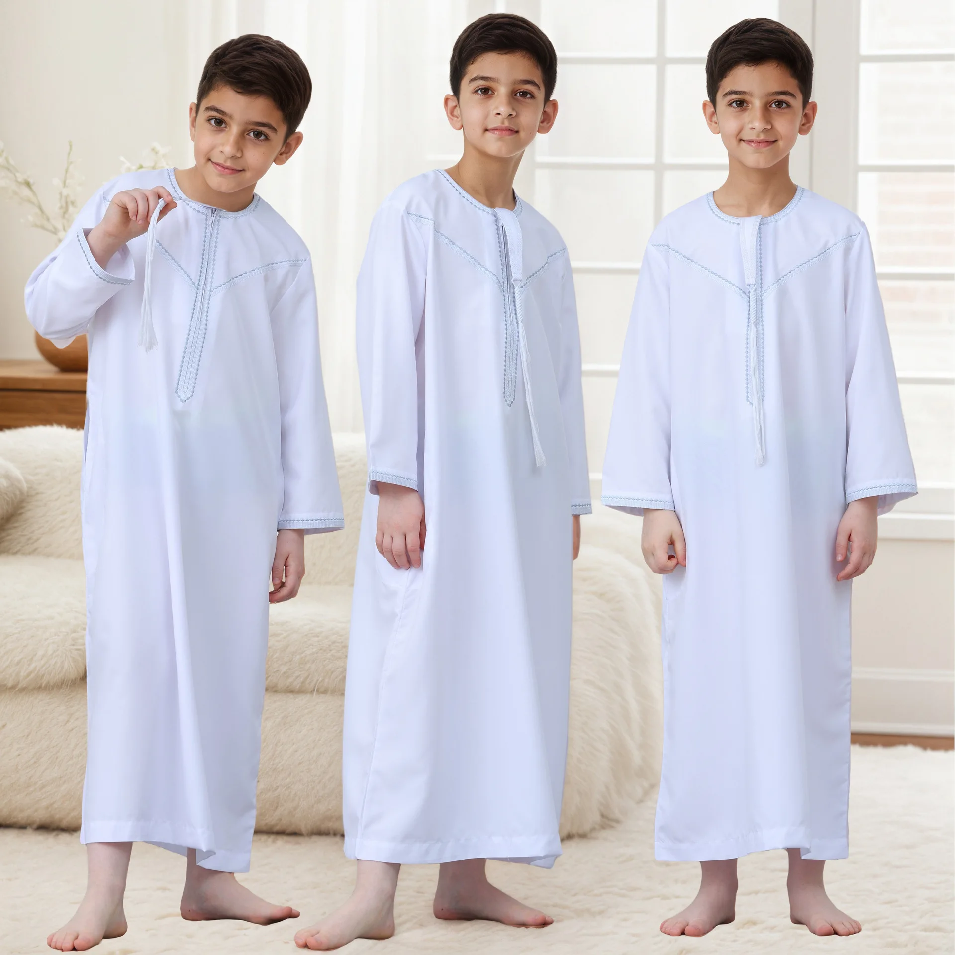 Kids Long Sleeve Islamic Thobe Boys Classic Round Neck Line Stitch Design Soft Breathable Arab Jubba Robe For Eid Al Fitr Daily
Kids Long Sleeve Islamic Thobe Boys Classic Round Neck Line Stitch Design Soft Breathable Arab Jubba Robe For Eid Al Fitr Daily