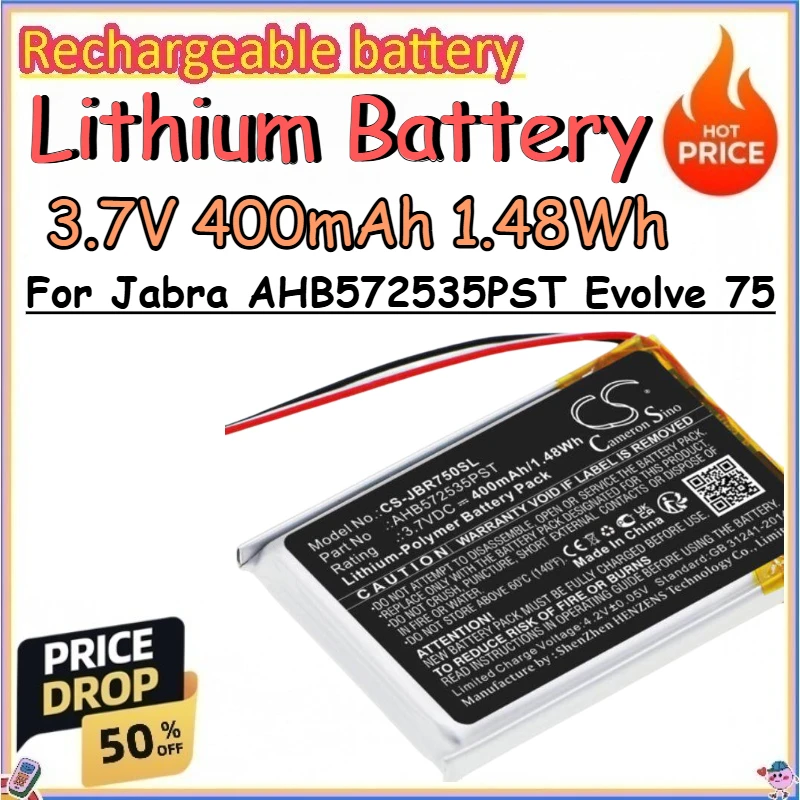 3.7V 400mAh 1.48Wh Lithium Battery for Jabra AHB572535PST Evolve 75 Replace Rechargeable Lithium-ion Batteries
3.7V 400mAh 1.48Wh Lithium Battery for Jabra AHB572535PST Evolve 75 Replace Rechargeable Lithium-ion Batteries