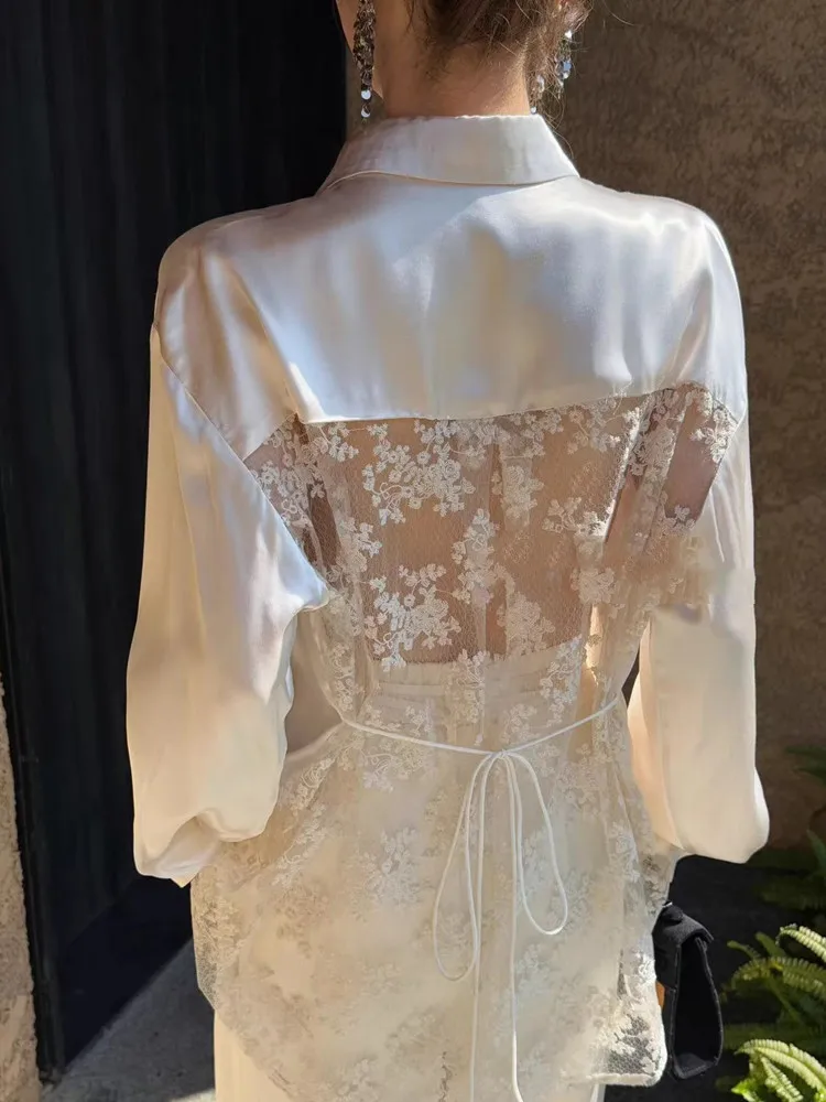 Кружевная лоскутная рубашка с открытой спиной и длинными рукавами для женщин, весенний свободный топ, топы для женщин, женская одежда, блузка 
Кружевная лоскутная рубашка с открытой спиной и длинными рукавами для женщин, весенний свободный топ, топы для женщин, женская одежда, блузка