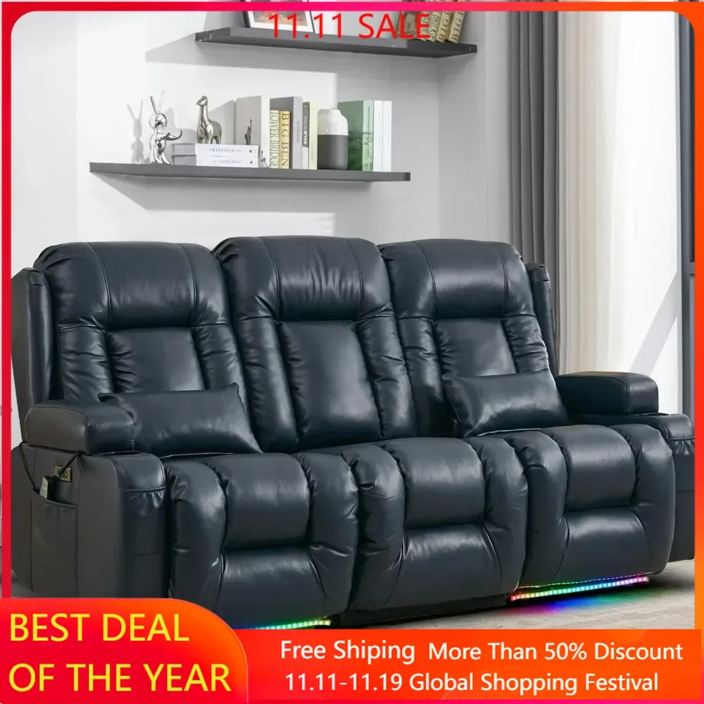 Recliner Sofa, LED Ambient Light, Flipped Middle Backrest/Bluetooth Speakers/USB/Built-in Outlets, Faux Leather Theater Seating
Recliner Sofa, LED Ambient Light, Flipped Middle Backrest/Bluetooth Speakers/USB/Built-in Outlets, Faux Leather Theater Seating