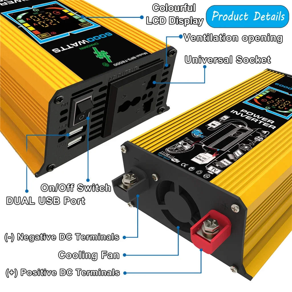 Pure Sine Wave Inverter 6000W DC 12V To AC 110V / 220V Dual USB Digital Display for RVs and Small Appliances Universal
Pure Sine Wave Inverter 6000W DC 12V To AC 110V / 220V Dual USB Digital Display for RVs and Small Appliances Universal