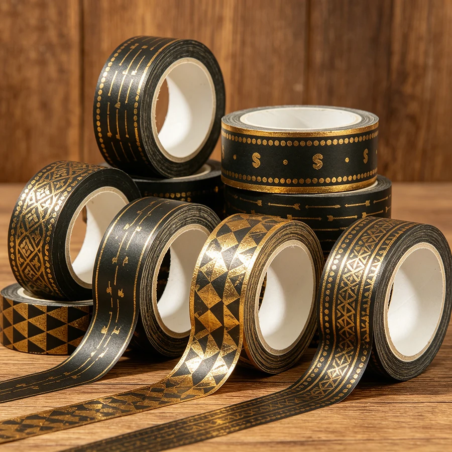 10 Rolls Golden Foil Washi Tape, Black Vintage Decorative Masking Tape, Geometric Wave Pattern Aesthetic Scrapbooking Tape
10 Rolls Golden Foil Washi Tape, Black Vintage Decorative Masking Tape, Geometric Wave Pattern Aesthetic Scrapbooking Tape