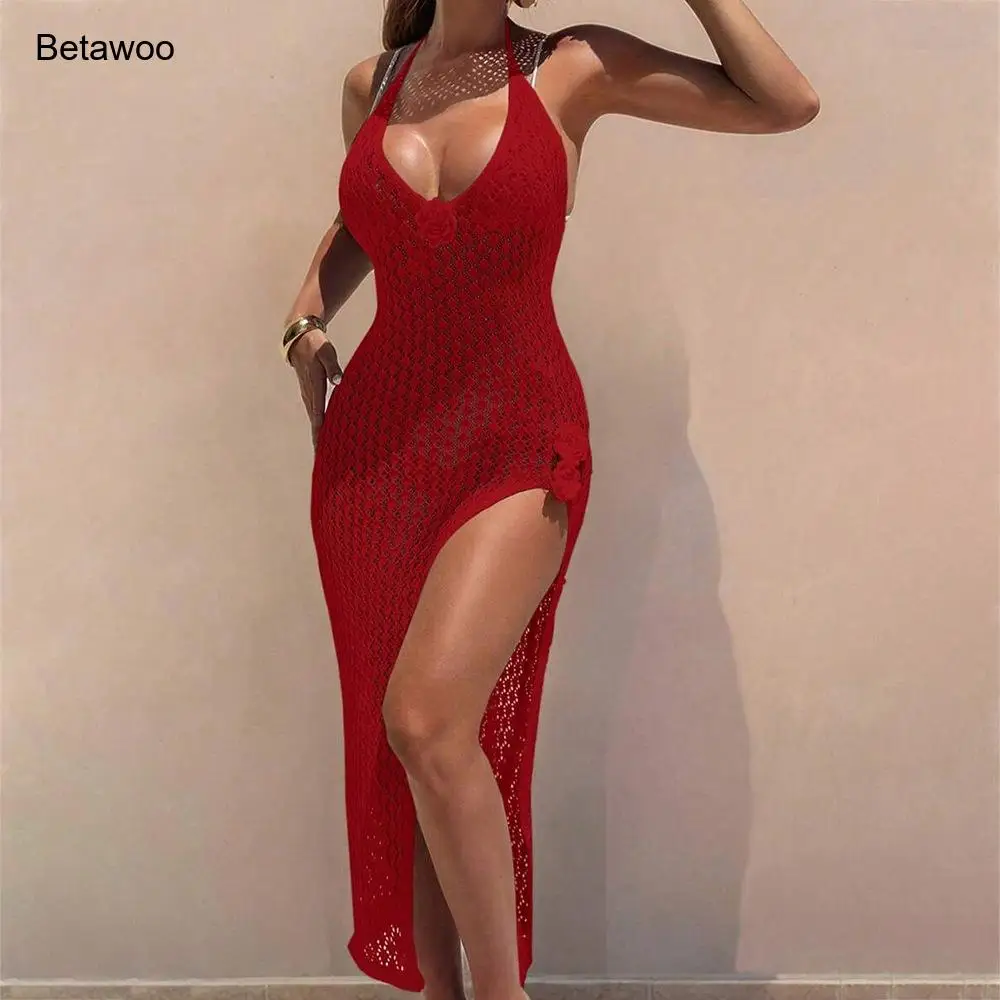 Red Crochet Halter Neck Maxi Dress for Women Sheer Knit High Slit Beach Cover-Up Party Dresses
Red Crochet Halter Neck Maxi Dress for Women Sheer Knit High Slit Beach Cover-Up Party Dresses