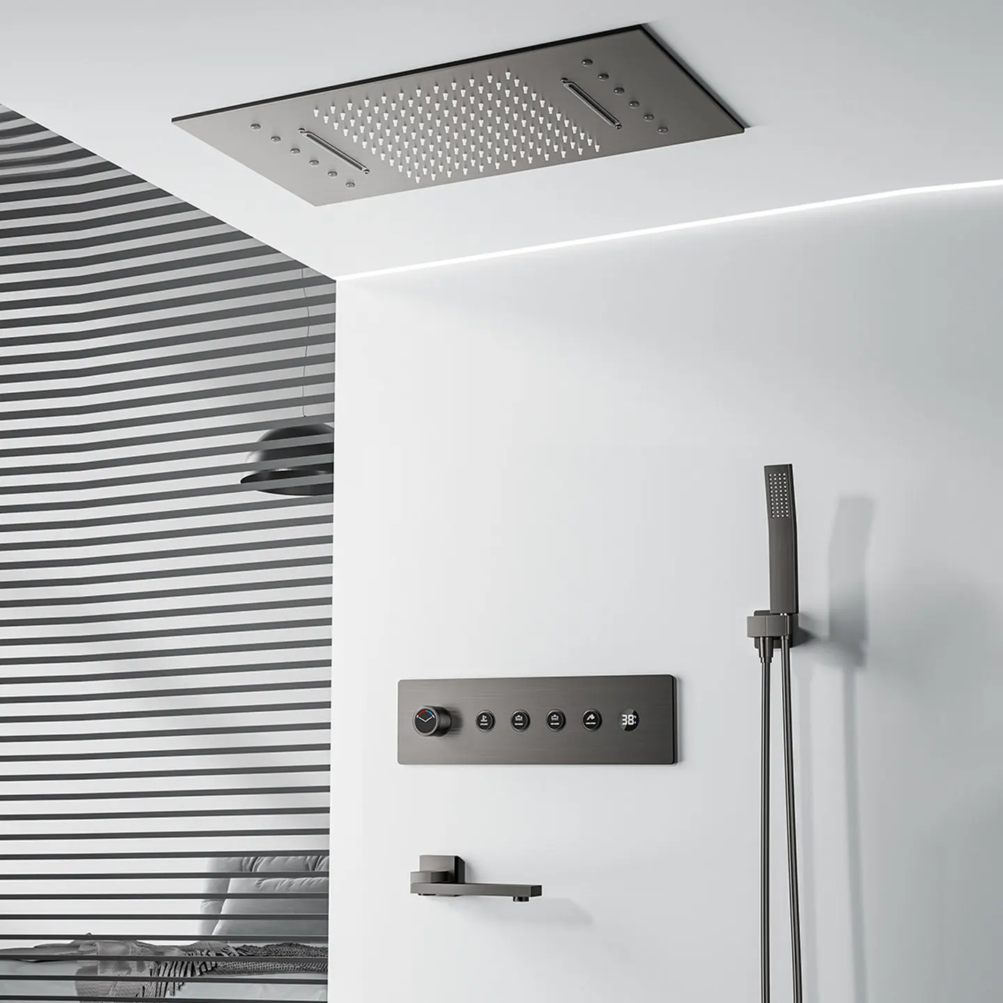 Thermostatic Bathroom Black Shower Set 4 Functions Rainfall Shower Head Led Ceiling Mounted Bath Shower Faucet System
Thermostatic Bathroom Black Shower Set 4 Functions Rainfall Shower Head Led Ceiling Mounted Bath Shower Faucet System