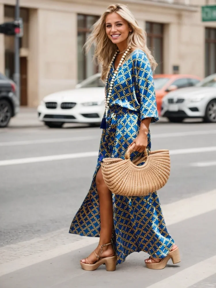 Woman V-neck Bohemian Style Skirt Geometric Print Slim-Fit Cardigan Tied Split Long Sleeve Dress Temperament Daily Wear Clothing
Woman V-neck Bohemian Style Skirt Geometric Print Slim-Fit Cardigan Tied Split Long Sleeve Dress Temperament Daily Wear Clothing