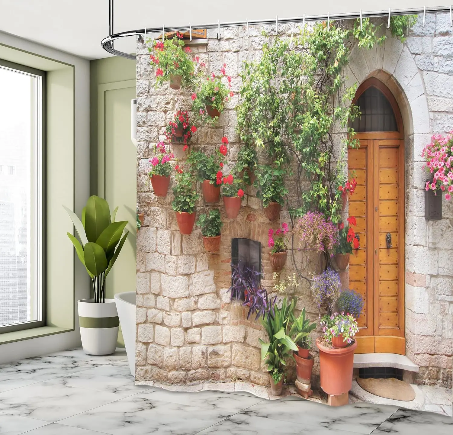 Tuscan Garden Shower Curtain with Hooks – Begonia Blossoms, Stone Wall & Wooden Door, Orange White Green Italian Villa Decor
Tuscan Garden Shower Curtain with Hooks – Begonia Blossoms, Stone Wall & Wooden Door, Orange White Green Italian Villa Decor