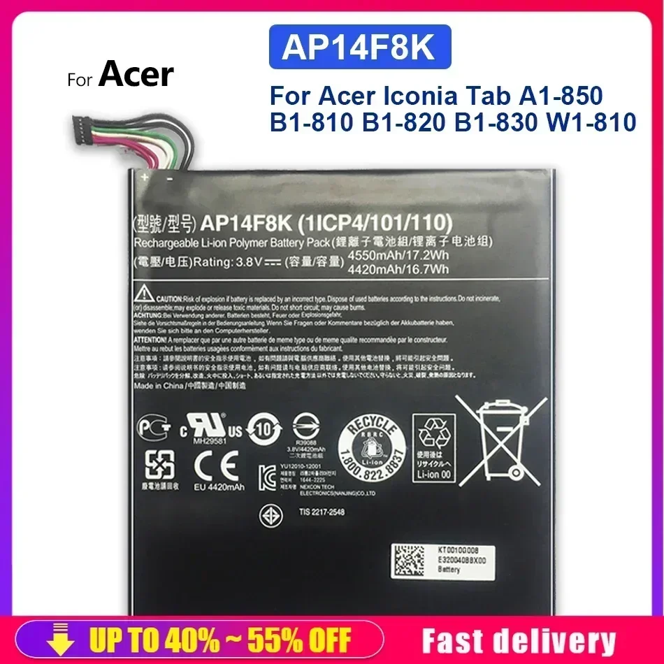 Replacement Battery Tablet For Acer Iconia Tab A1-850 B1-810 B1-820 B1-830 W1-810 4550mAh AP14F8K Rechargeable Portable Battery
Replacement Battery Tablet For Acer Iconia Tab A1-850 B1-810 B1-820 B1-830 W1-810 4550mAh AP14F8K Rechargeable Portable Battery