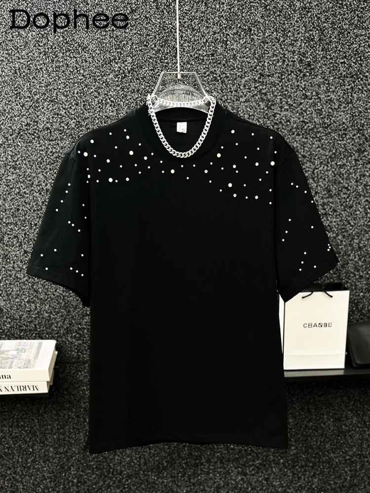 Korean Heavy Industry Diamond-encrusted Pearl Short-sleeved T-shirt Men's Loose Trend Ins Versatile Casual Half-sleeved Top
Korean Heavy Industry Diamond-encrusted Pearl Short-sleeved T-shirt Men's Loose Trend Ins Versatile Casual Half-sleeved Top