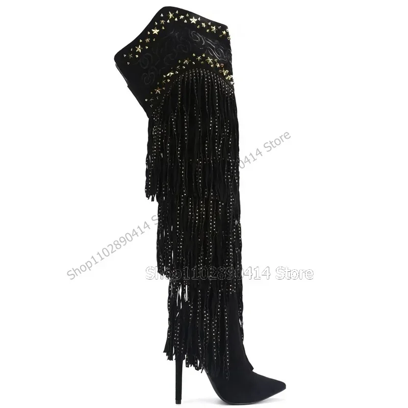 Black Totem Design Star Rivets Crystal Tassels Boots Knee High Women Shoes Thin High Heels Pointed Toe 2023 Zapatos Para Mujere
Black Totem Design Star Rivets Crystal Tassels Boots Knee High Women Shoes Thin High Heels Pointed Toe 2023 Zapatos Para Mujere