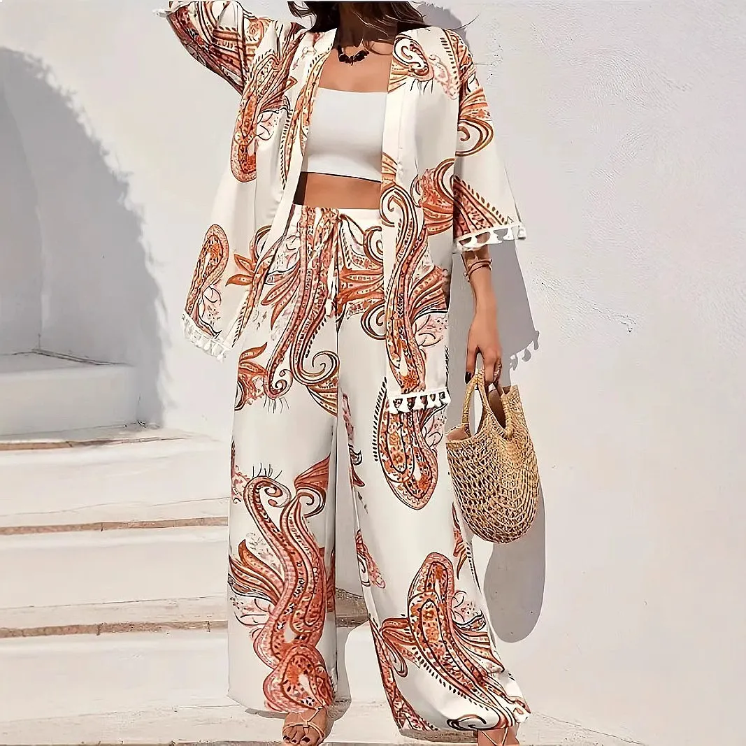 Spring Summer Matching Set Tassel Hem Cardigan Wide Leg Pants Jumpsuit Playsuit
Spring Summer Matching Set Tassel Hem Cardigan Wide Leg Pants Jumpsuit Playsuit