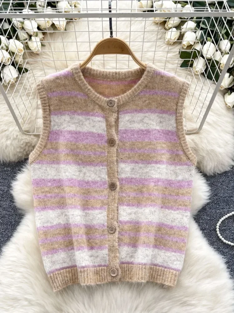 Hikigawa Chic Fashion Women Vintage Striped Knitted Vests Autumn Casual All Match Elegant Button Up Sweaters Tops Ropa Mujer
Hikigawa Chic Fashion Women Vintage Striped Knitted Vests Autumn Casual All Match Elegant Button Up Sweaters Tops Ropa Mujer