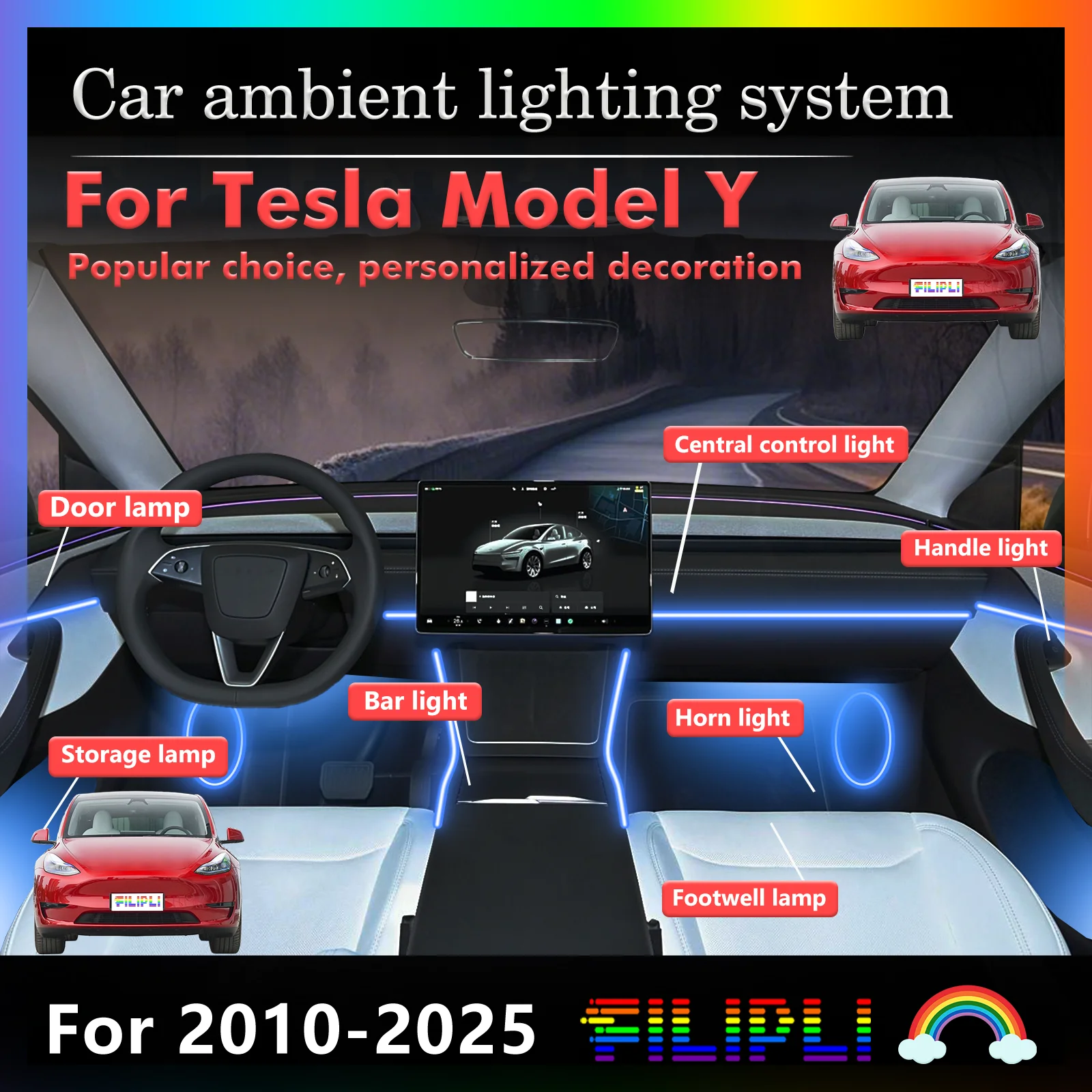 For Tesla Model Y Smart Remote Control RGB 64 Colors LED Car Interior Ambient Light Energy Saving Efficient Lamp Kit
For Tesla Model Y Smart Remote Control RGB 64 Colors LED Car Interior Ambient Light Energy Saving Efficient Lamp Kit