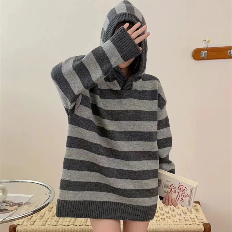 Hooded Striped Women Sweater Autumn Winter Korean Style Loose Mid-Length Knitted Long Sleeve Fashion Casual All-Match Pullover
Hooded Striped Women Sweater Autumn Winter Korean Style Loose Mid-Length Knitted Long Sleeve Fashion Casual All-Match Pullover