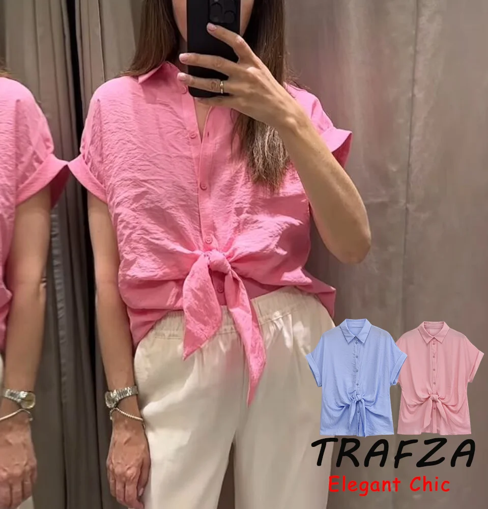 TRAFZA Elegant Chic Knotted Shirt Women's Lapel Buttons Short Sleeve Shirt 2025 Spring Summer Fashion Modern Commute Lady Shirts
TRAFZA Elegant Chic Knotted Shirt Women's Lapel Buttons Short Sleeve Shirt 2025 Spring Summer Fashion Modern Commute Lady Shirts
