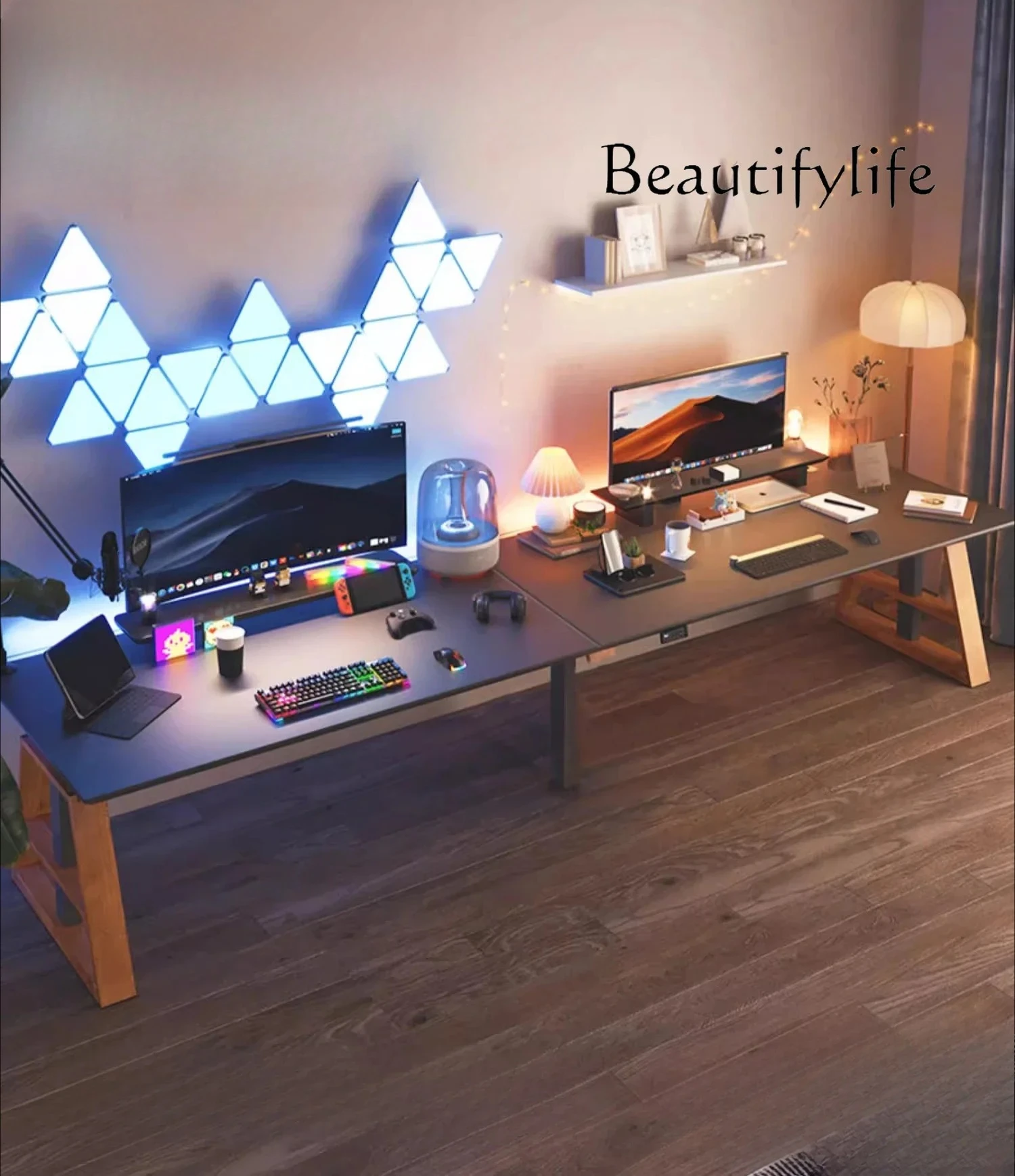 Double standing electric lifting table Solid wood office desktop Home desk Extended electric table 
Double standing electric lifting table Solid wood office desktop Home desk Extended electric table