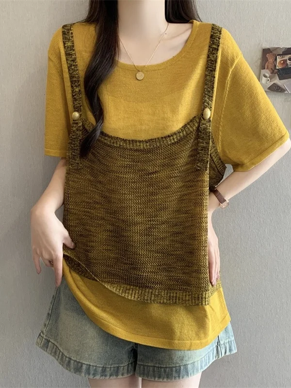 Ice Silk Short Sleeve T-Shirt Women's Summer Fashionable Base Shirt Patchwork Two-Piece Look Korean Style Loose Fit Button De...
Ice Silk Short Sleeve T-Shirt Women's Summer Fashionable Base Shirt Patchwork Two-Piece Look Korean Style Loose Fit Button De...