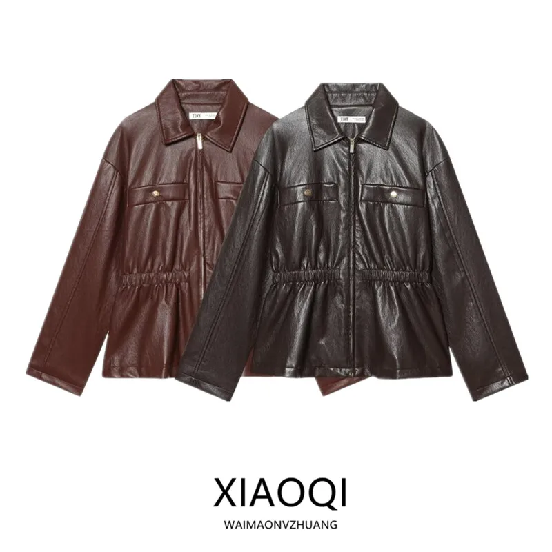 Spring 2026 Women's Long Sleeve Collared Faux Leather Elastic Waist Jacket Commute Style Loose Fit Daily Wear Zipper Closure
Spring 2026 Women's Long Sleeve Collared Faux Leather Elastic Waist Jacket Commute Style Loose Fit Daily Wear Zipper Closure