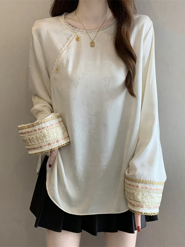 New Chinese Style Long Sleeve Shirt Women's Large Size Acetate Satin Surface Early Spring New Style Commute Style round Neck
New Chinese Style Long Sleeve Shirt Women's Large Size Acetate Satin Surface Early Spring New Style Commute Style round Neck
