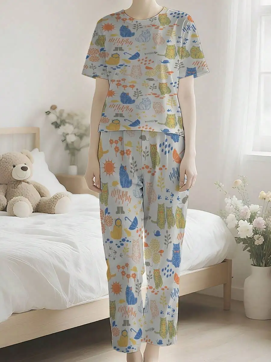 Womens Two-Piece Printed Short Sleeve Pajama Set With Cats Sun Flowers Umbrellas Pattern
Womens Two-Piece Printed Short Sleeve Pajama Set With Cats Sun Flowers Umbrellas Pattern