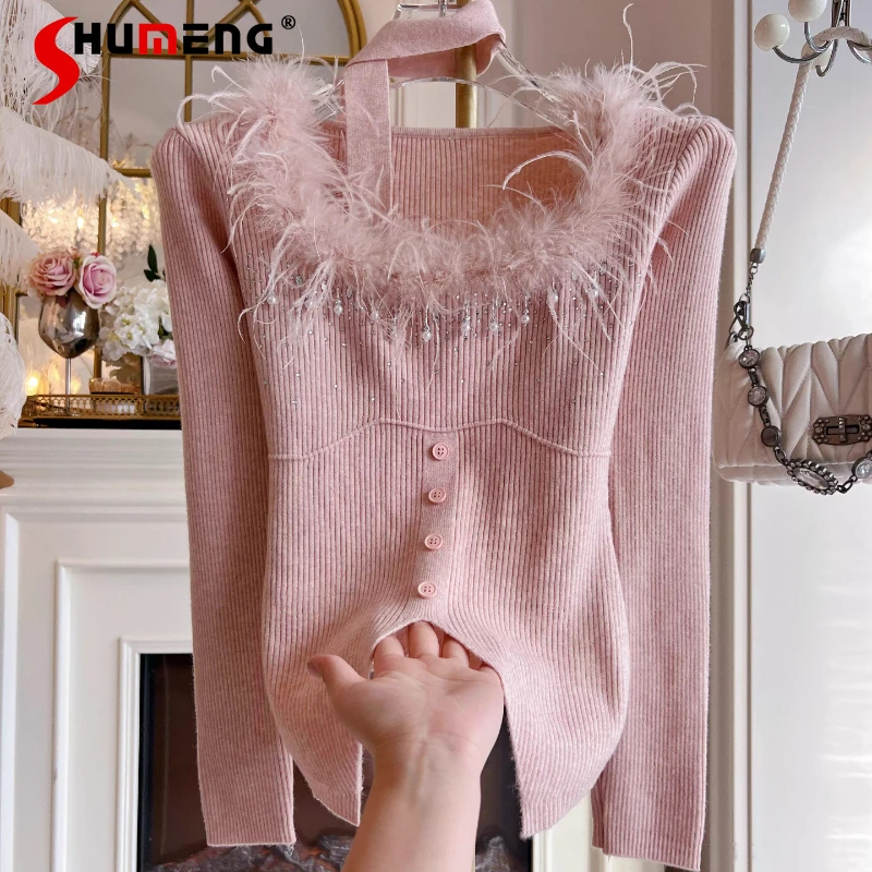 Women's 2025 Autumn Winter New Elegant Knitted Tops Feminine Slimming Sweaters Fashion Rhinestone Feather Long Sleeve Knitwears
Women's 2025 Autumn Winter New Elegant Knitted Tops Feminine Slimming Sweaters Fashion Rhinestone Feather Long Sleeve Knitwears