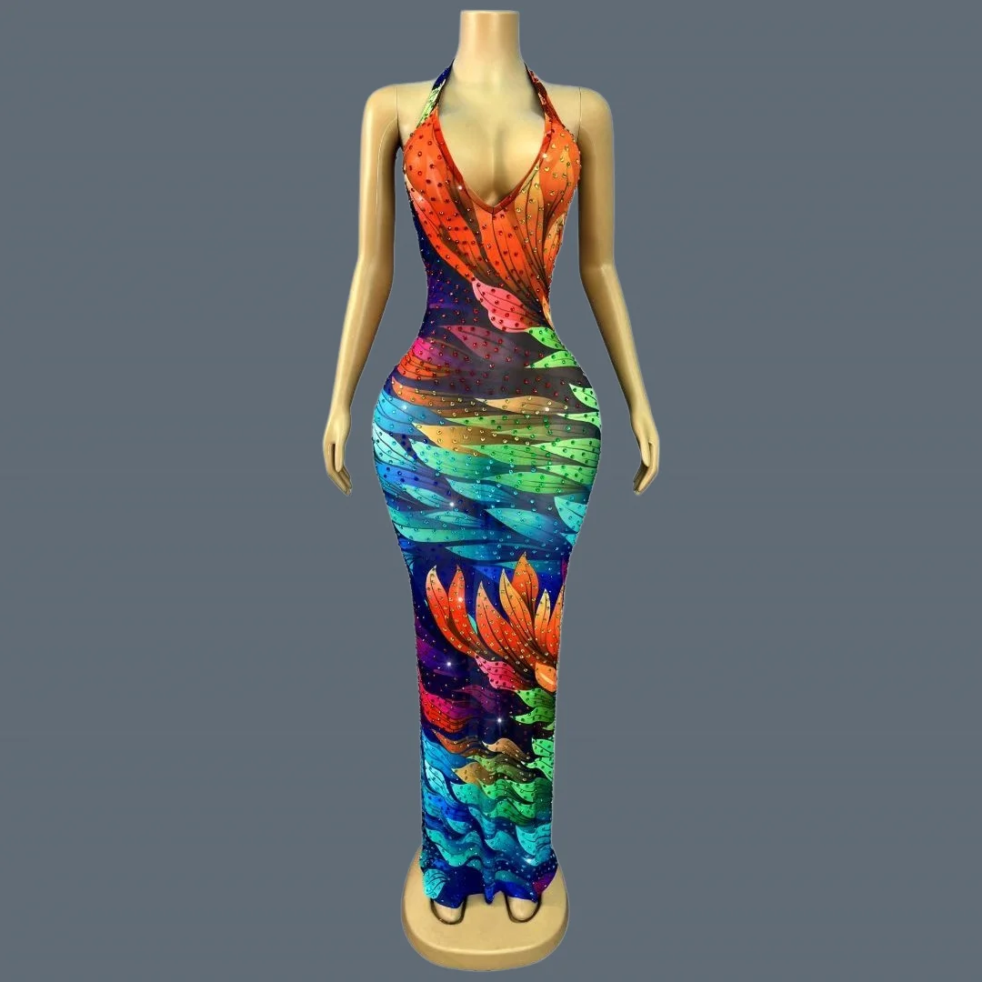 Sparkly Rhinestone Colorful Leaf Print Halter Mermaid Maxi Dress Women Stage Event Show Celebrate Party Evening Gown Duocaiye
Sparkly Rhinestone Colorful Leaf Print Halter Mermaid Maxi Dress Women Stage Event Show Celebrate Party Evening Gown Duocaiye