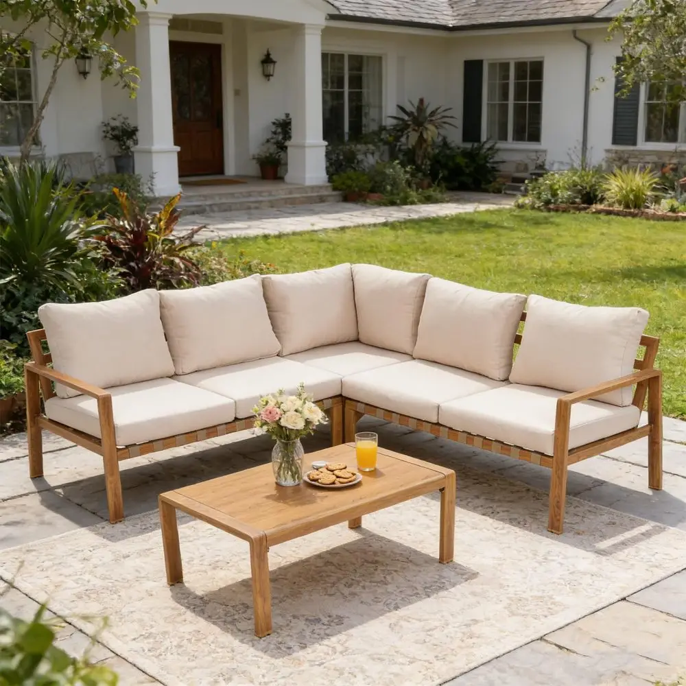 4-Piece L-Shaped Patio Set Aluminum Frame (Wood Grain), Cushioned Seats&Plastic Wood Table
4-Piece L-Shaped Patio Set Aluminum Frame (Wood Grain), Cushioned Seats&Plastic Wood Table