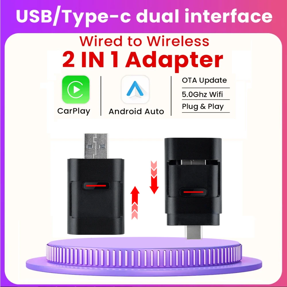 2 в 1, проводной к беспроводному адаптеру CarPlay Android Auto с USB/Type C Plug & Play OTA Online, обновленный для автомобильной навигации OEM
2 в 1, проводной к беспроводному адаптеру CarPlay Android Auto с USB/Type C Plug & Play OTA Online, обновленный для автомобильной навигации OEM