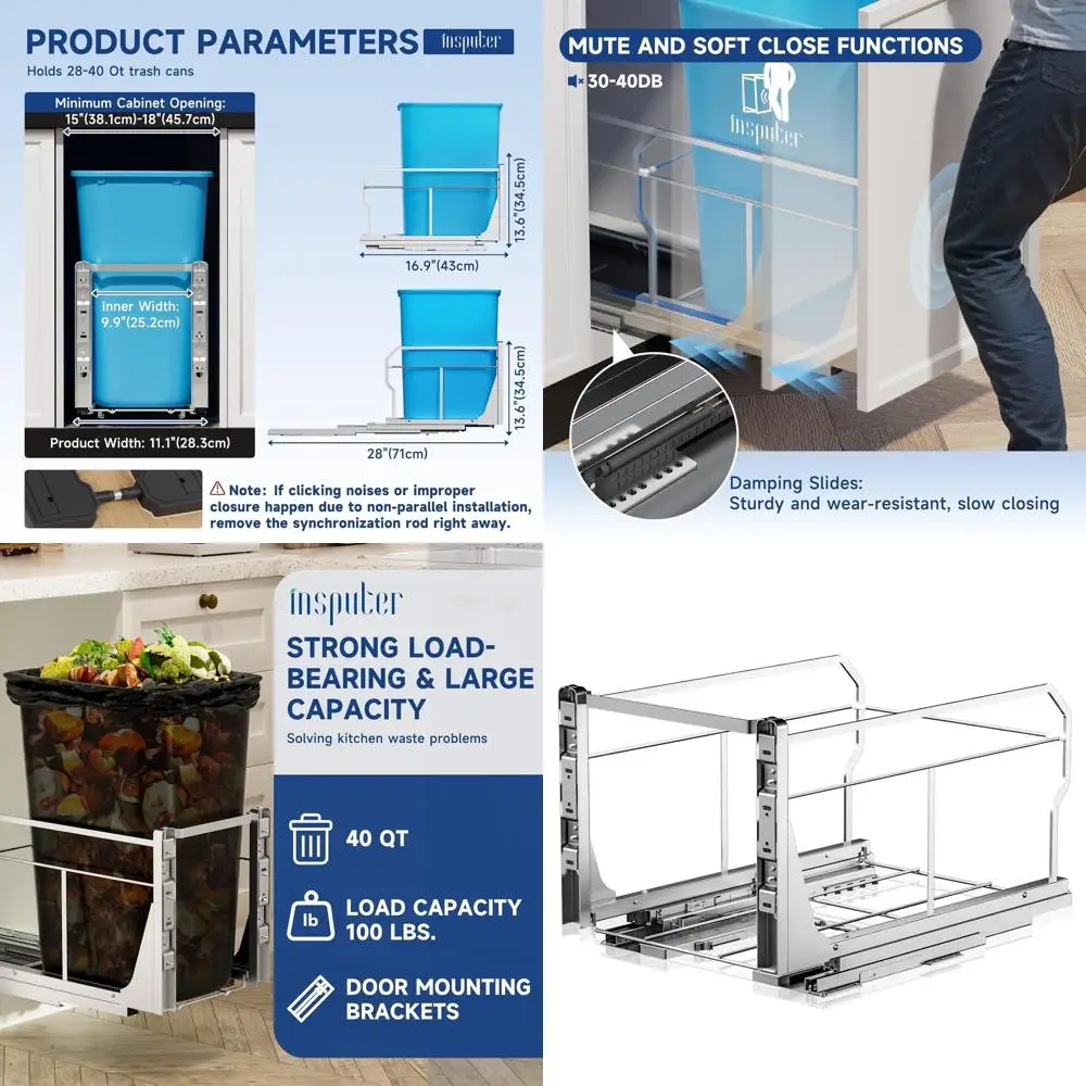 Heavy-Duty Kitchen & Laundry Pull-Out Trash Can Kit, Requires 15W x 18D Cabinet, Push-to-Open Slides, No Bin Included, Install V
Heavy-Duty Kitchen & Laundry Pull-Out Trash Can Kit, Requires 15W x 18D Cabinet, Push-to-Open Slides, No Bin Included, Install V