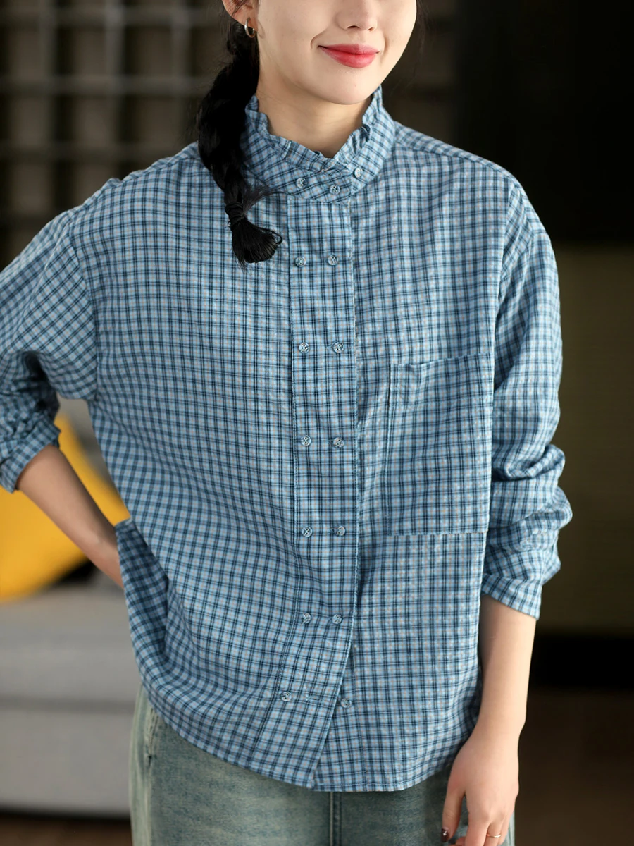 Retro Sle Cotton Plaid irt Spring Collection Long Sve Earlet Collar Double Buttoned Artistic Women's Loose Fit Blouse
Retro Sle Cotton Plaid irt Spring Collection Long Sve Earlet Collar Double Buttoned Artistic Women's Loose Fit Blouse