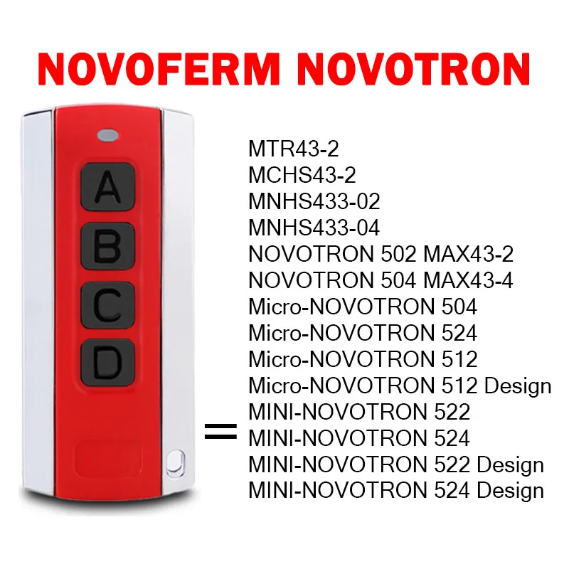 NOVOTRON NOVOFERM Дистанционное управление 522 502 MAX43-2 MAX43-4 MTR43-2 MCHS43-2 504 522 524 Пульт дистанционного управления гаражными воротами Открыватель ворот
NOVOTRON NOVOFERM Дистанционное управление 522 502 MAX43-2 MAX43-4 MTR43-2 MCHS43-2 504 522 524 Пульт дистанционного управления гаражными воротами Открыватель ворот