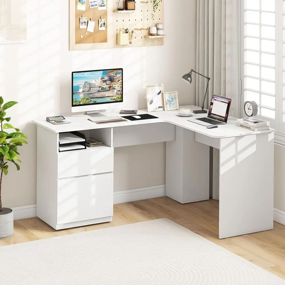 59 White L-Shaped Office Desk with Storage Drawers, Cable Management, and Open Shelf
59 White L-Shaped Office Desk with Storage Drawers, Cable Management, and Open Shelf