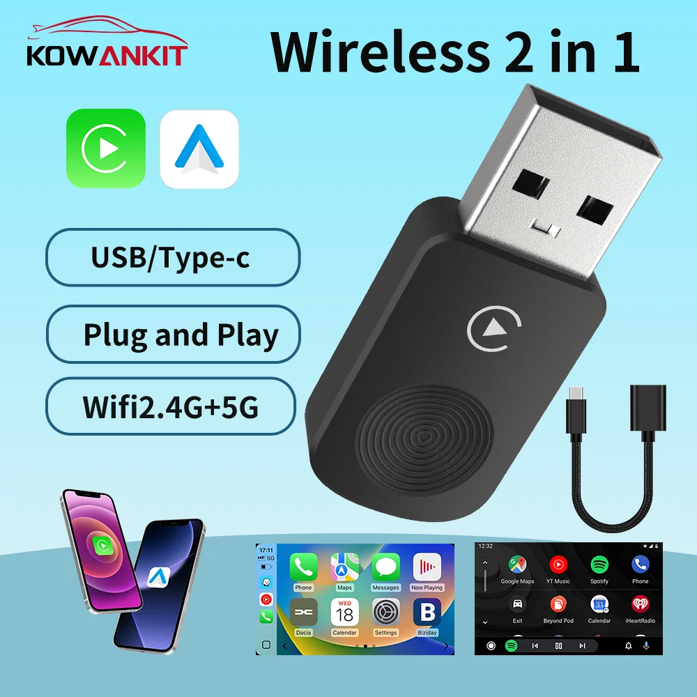 Беспроводной адаптер KowanKit 2-в-1 для CarPlay и Android Auto (2026), Smart Mini AI Box, Plug & Play, для Bluetooth-подключения в автомобиле
Беспроводной адаптер KowanKit 2-в-1 для CarPlay и Android Auto (2026), Smart Mini AI Box, Plug & Play, для Bluetooth-подключения в автомобиле