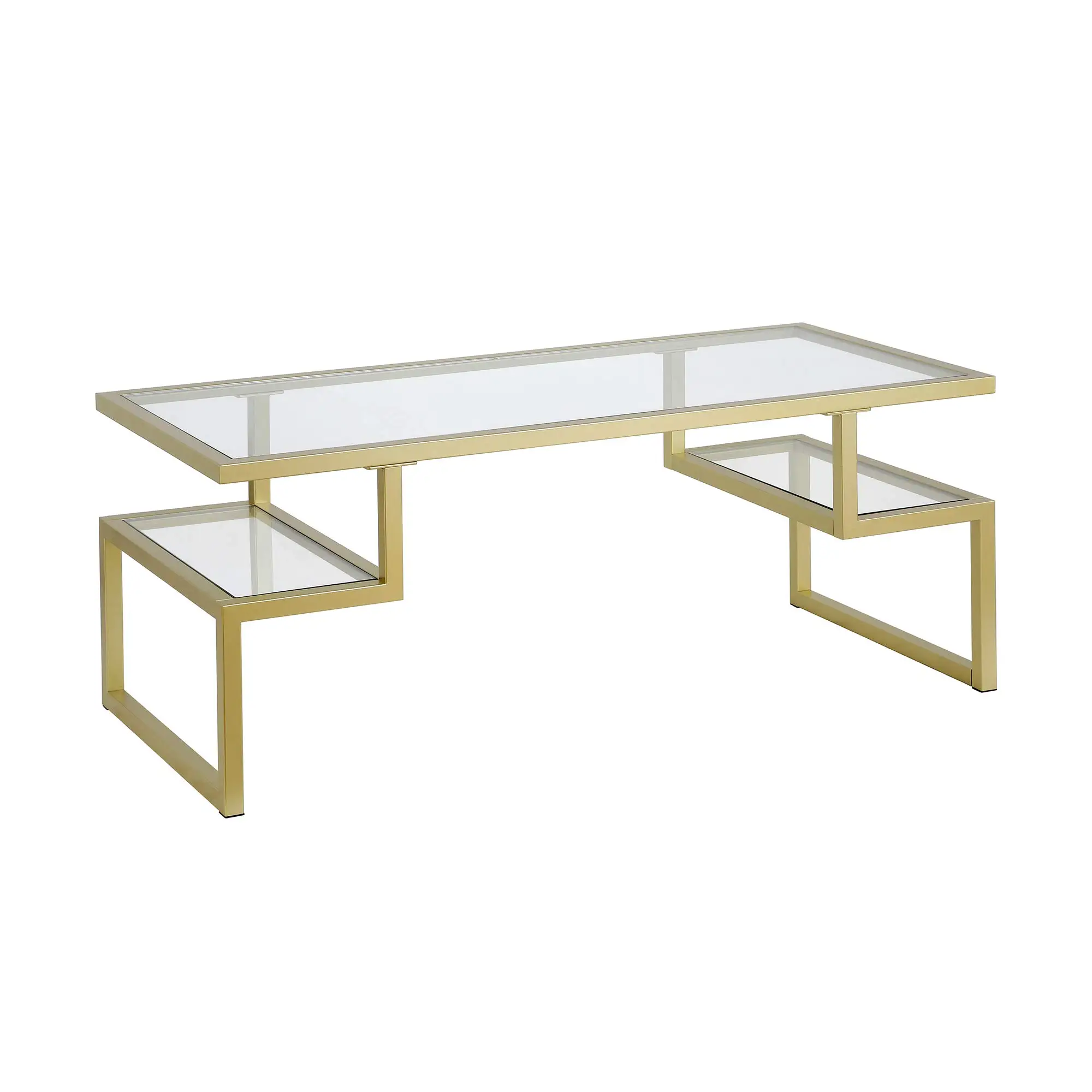 Rectangular Glass Top Coffee Table With Two Lower Shelves, Metallic Finish, 45 Inch Width
Rectangular Glass Top Coffee Table With Two Lower Shelves, Metallic Finish, 45 Inch Width