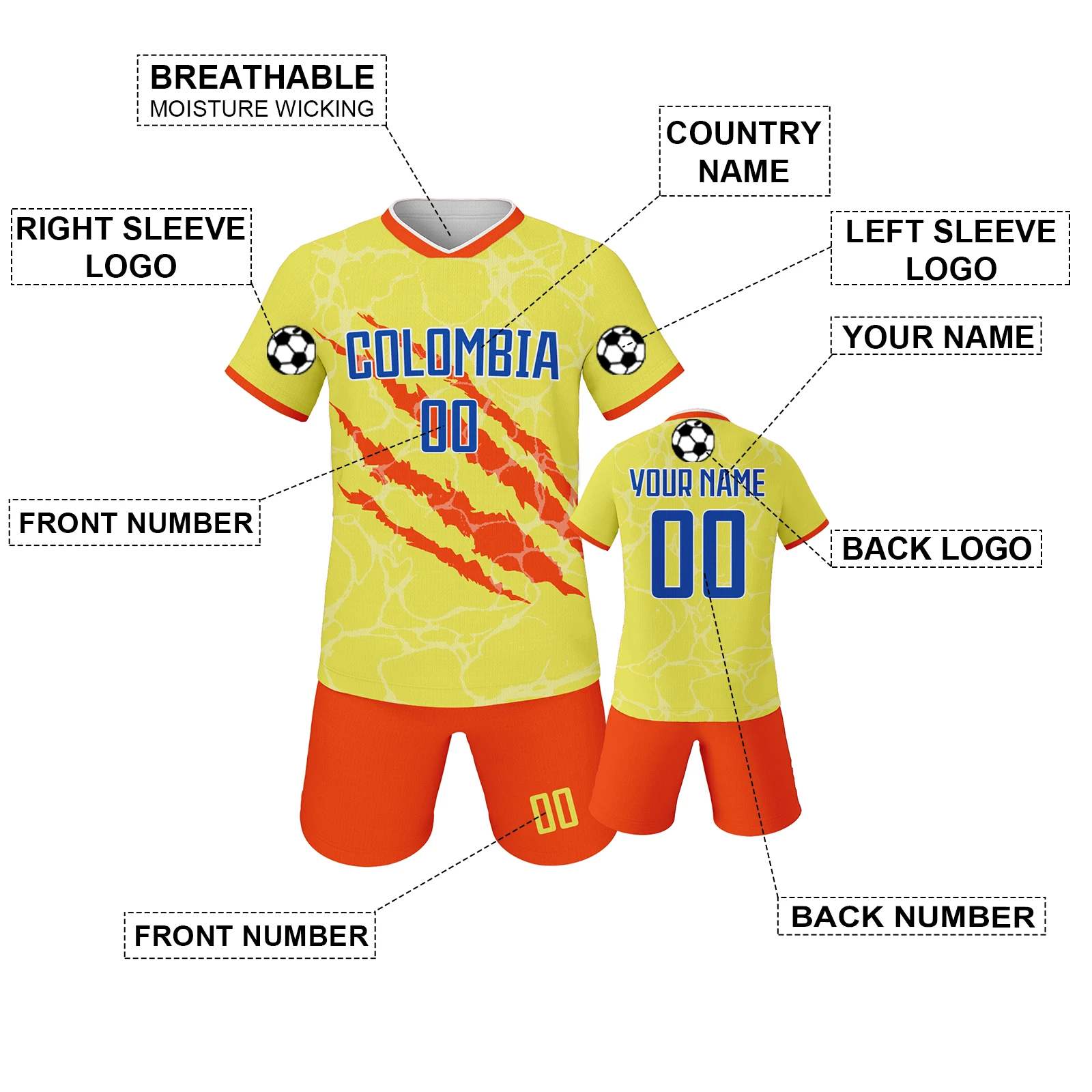 Yellow Orange Colombia Style Soccer Uniform for Children Personalized Printed Soccer Set with Name&Number Training Football Kit
Yellow Orange Colombia Style Soccer Uniform for Children Personalized Printed Soccer Set with Name&Number Training Football Kit