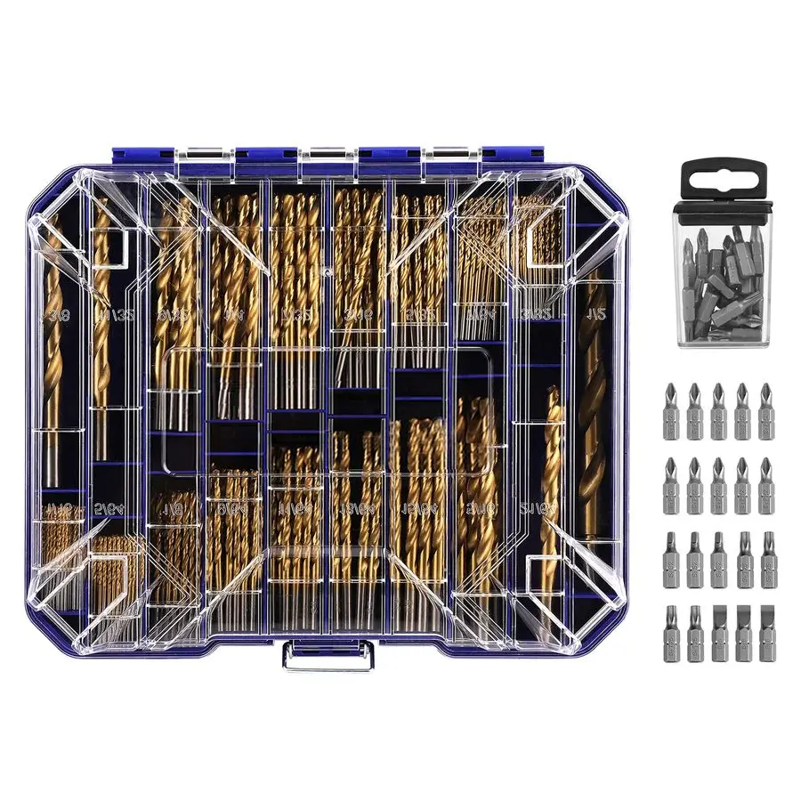 Titanium Twist Drill Bit Set with S2 Bits 135 Tip High Speed Steel, Size from 1 16 up to 1 2, Ideal in Wood Cast Iron Aluminum A
Titanium Twist Drill Bit Set with S2 Bits 135 Tip High Speed Steel, Size from 1 16 up to 1 2, Ideal in Wood Cast Iron Aluminum A