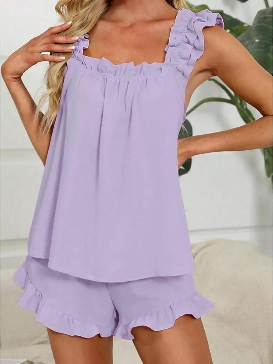 2 Pcs Womens Ruffle Shoulder Strap Tank Top And Shorts Sleepwear Set Summer Lounge
2 Pcs Womens Ruffle Shoulder Strap Tank Top And Shorts Sleepwear Set Summer Lounge