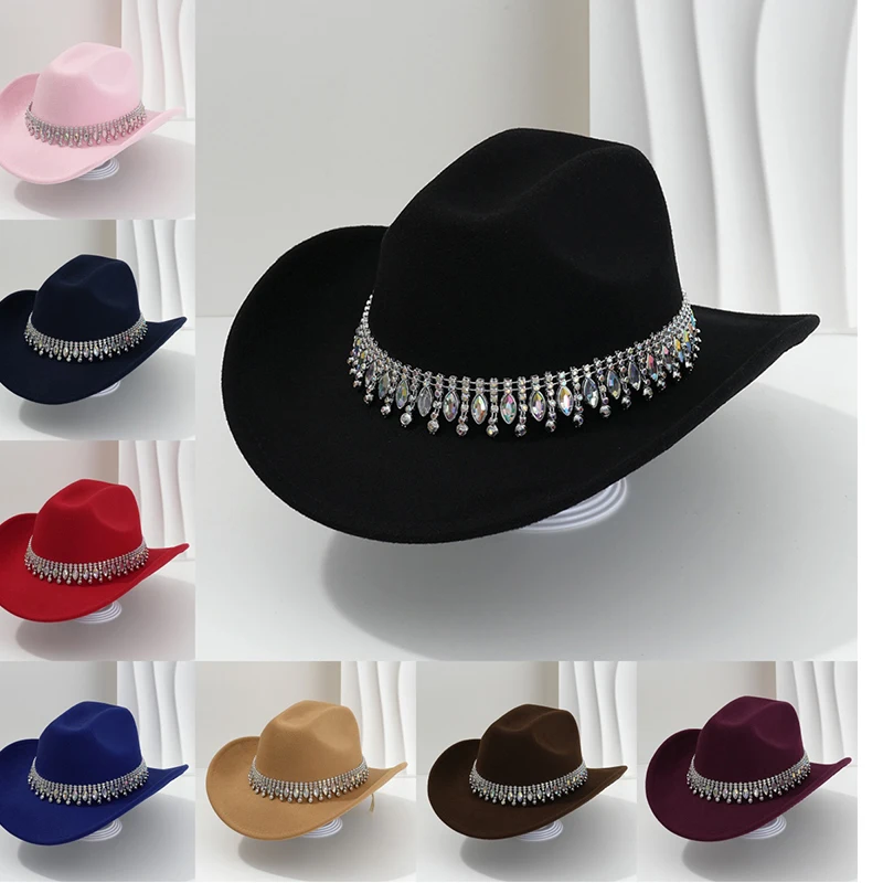 Trendy Womens Shiny Gemstone Studded Western Caps Tassel Jazz Hat Cap Vintage Cowgirl Hat Wide Brim Weddings Party Formal Hats
Trendy Womens Shiny Gemstone Studded Western Caps Tassel Jazz Hat Cap Vintage Cowgirl Hat Wide Brim Weddings Party Formal Hats