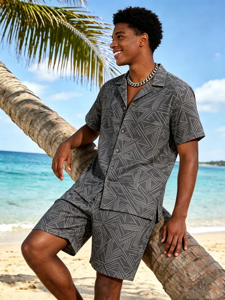 Men's Short Sleeve Lapel Shirt & Shorts Set, Loose Comfort Geometric Print Casual Summer Outfit
Men's Short Sleeve Lapel Shirt & Shorts Set, Loose Comfort Geometric Print Casual Summer Outfit